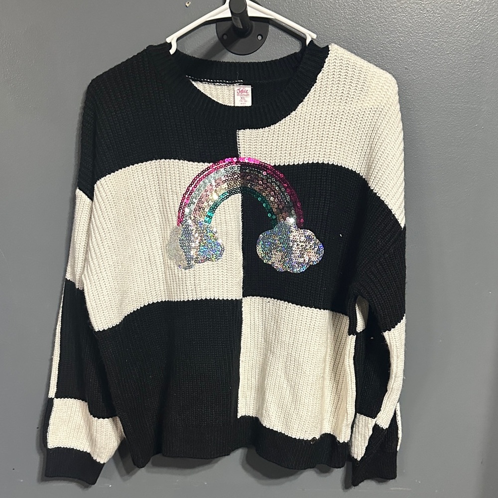Justice Black and White Knit Hoodie with Sequin Rainbow